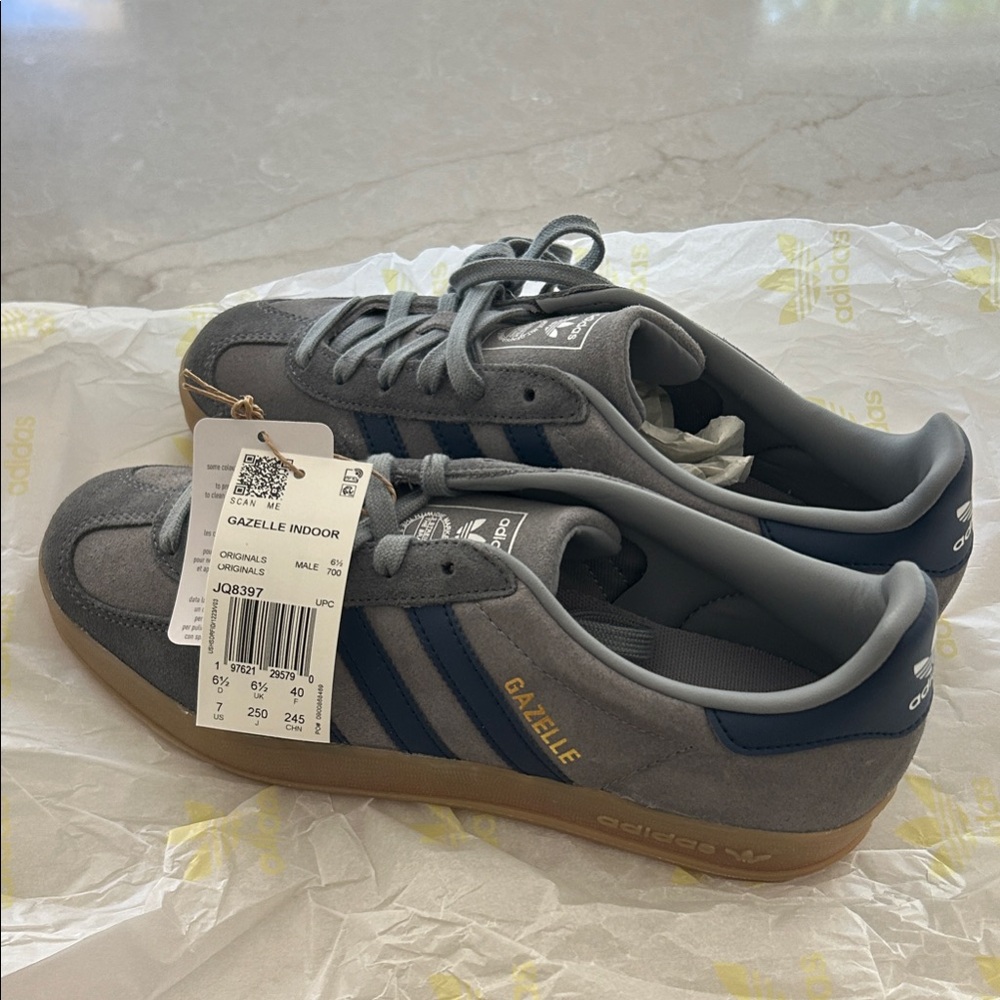 adidas Gazelle Gray Suede Sneakers with Navy Stripes and Gum Sole - Picture 1 of 4